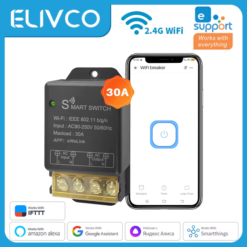 eWelink Smart Home WiFi Switch 30A AC90-250V Wireless Remote Control On Off DIY