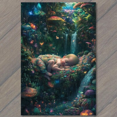 POSTCARD Sleeping Baby Creepy Enchanted Forest Scene Fantasy Mushrooms Nature