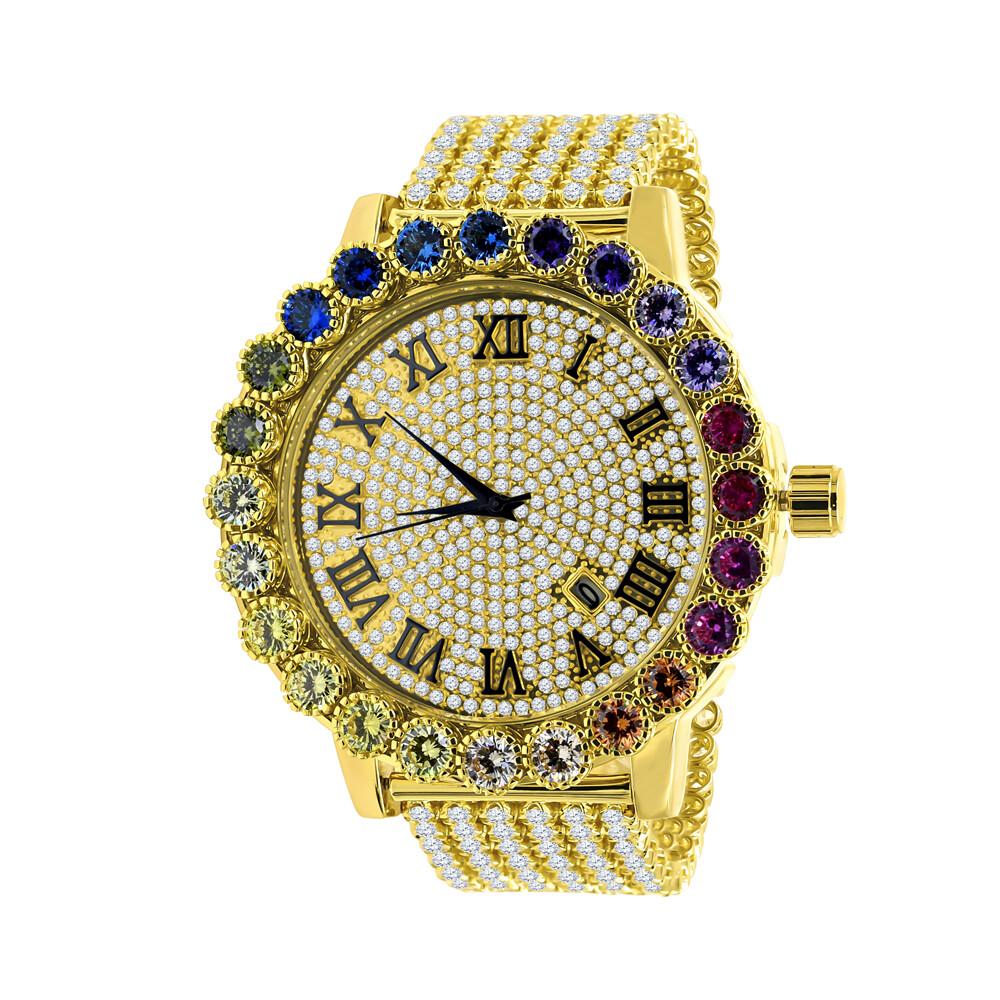 Pre-owned Ice House Rainbow Multi Tone Prong Set Custom Roman Numeral Big Xl 55mm Men's Custom Watch