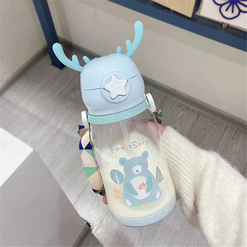 Cartoon Travel Portable Water Bottle Cute Antler Water Cup Straw Drinkware