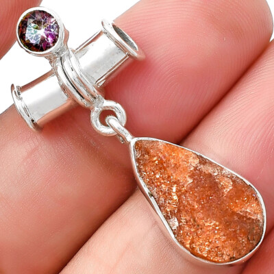Natural Sunstone Rough & Mystic Topaz 925 Sterling Silver Pendant Jewelry P-1337