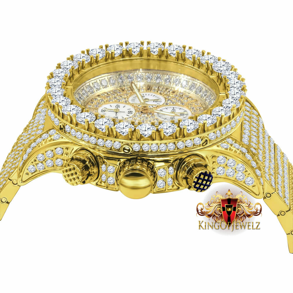 Pre-owned Blingmaster Solid Stainless Steel Yellow Gold Tone Simulated Diamond 10 Row Band Watch 48mm