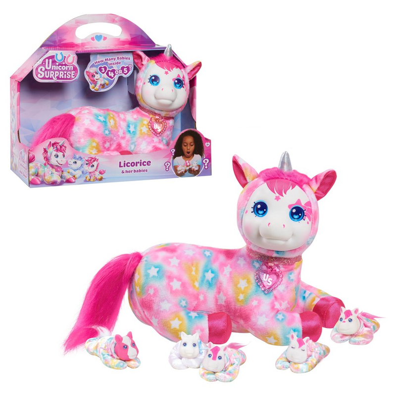 Unicorn Surprise Licorice Stuffed Animal with Unicorn Babies, Kids Toys for Ages