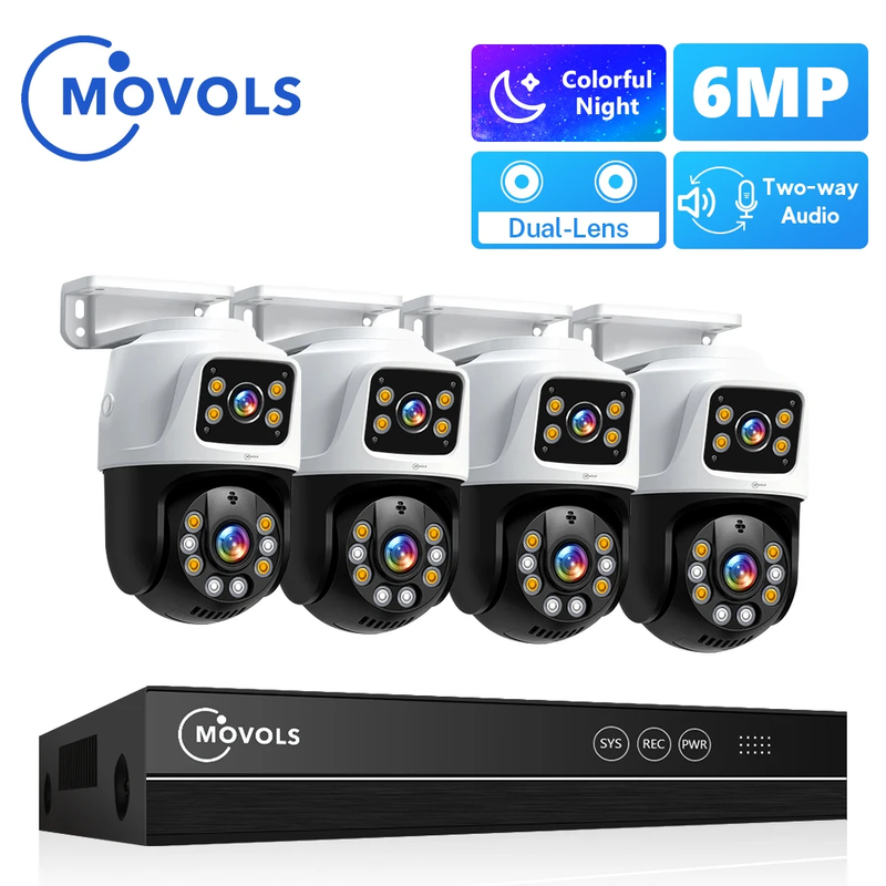 Movols 6MP POE Security Camera System Dual Lens PTZ Two Way Audio POE Surveillan