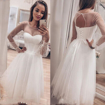 Short Wedding Dresses Long Sleeves Knee Length Polka Dots Tulle Bridal Gowns