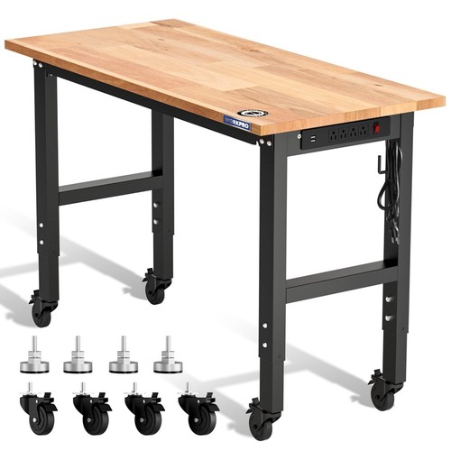 WORKPRO 48"X22" Adjustable Workbench with Leveling Foot & Wheels Rubber Wood Top