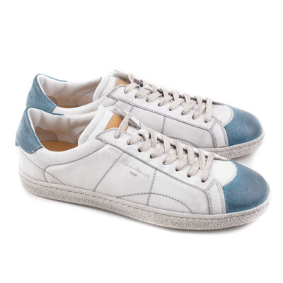 Pre-owned Santoni $710  White And Blue Vintage-look Leather Sneakers Us 6.5 Shoes