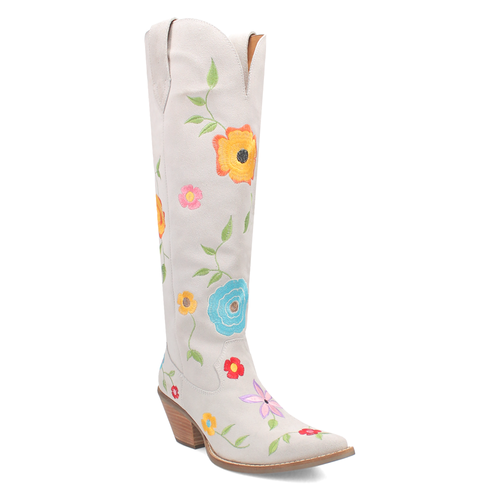 Pre-owned Dingo Flower Power Embroidered Floral Snip Toe Cowboy Womens White Casual Boots