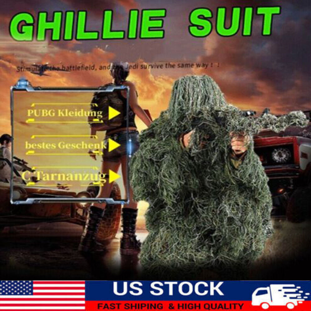 Adult 3D Military Woodland Camouflage Ghillie Suit Hunting Free Size 5 pcs US