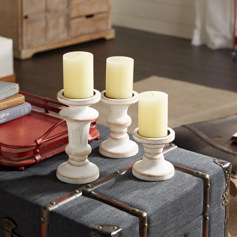 Decmode Farmhouse Wood Pillar Candle Holders, Set of 3, 8