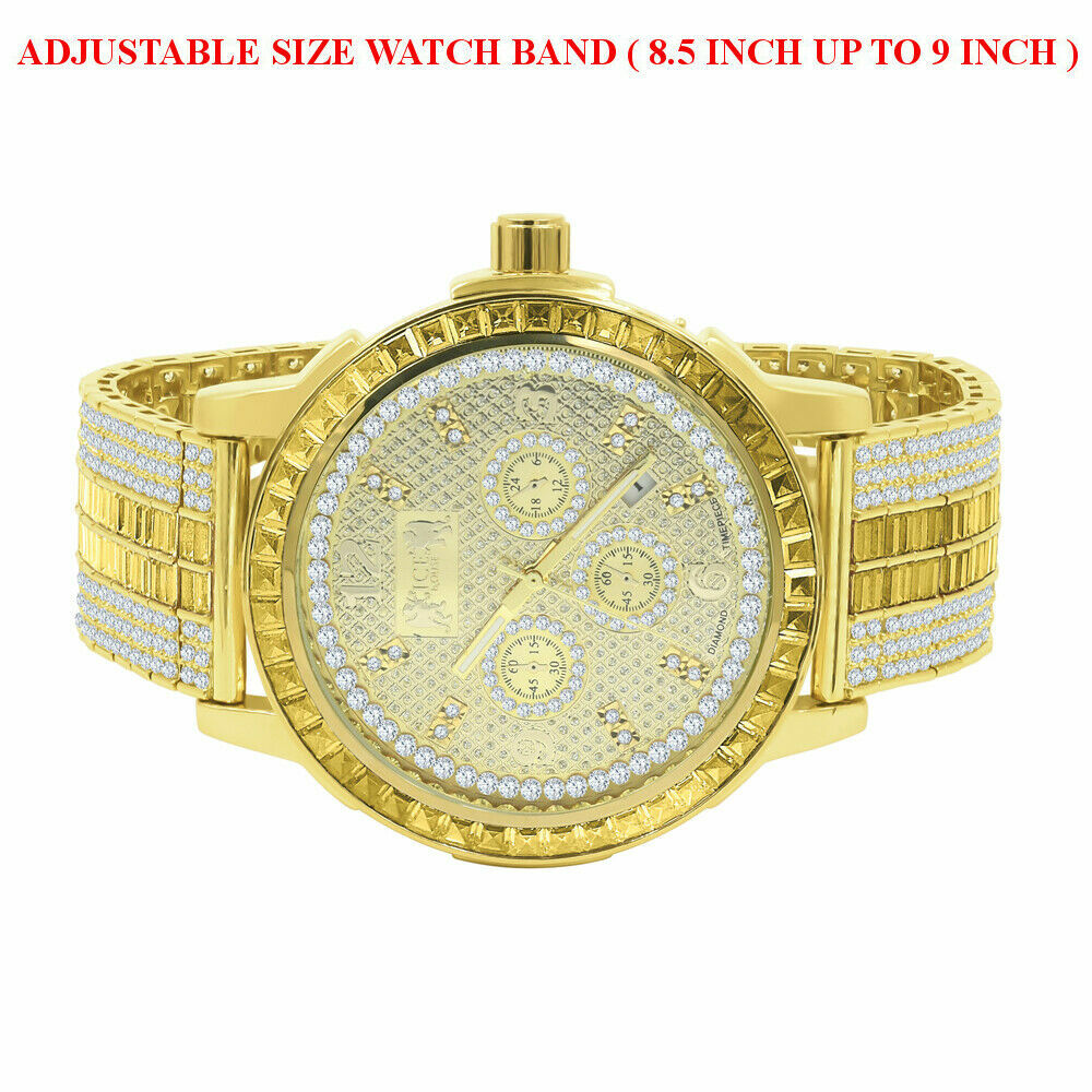 Pre-owned Ice House Real Diamond Dial Canary Gold Finish Custom Band Watch W/date Solid Steel Bezel