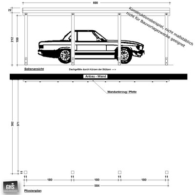 Anbau-Carport 4x6 m, Anlehncarport Holz-Bausatz mit Stützen 11x11 cm