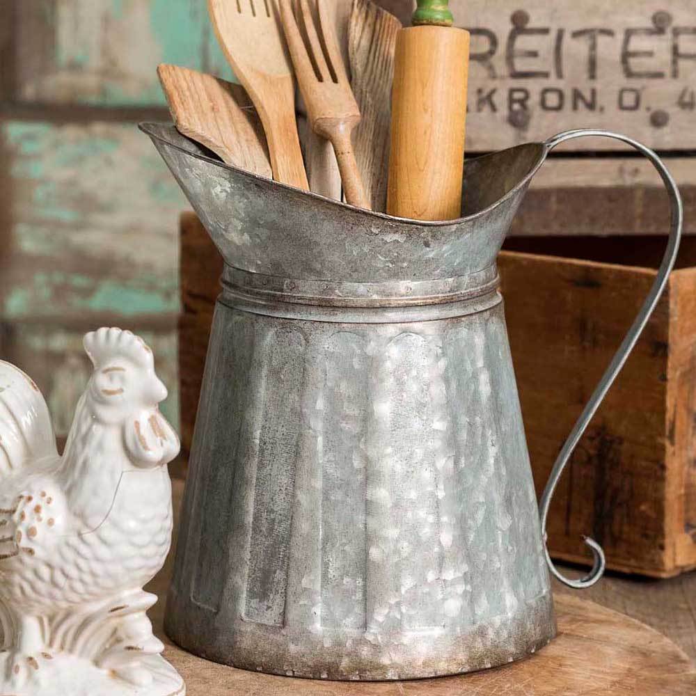 Large Metal Milk Pitcher - Farmhouse Rustic Vintage Look - Utensil Holder
