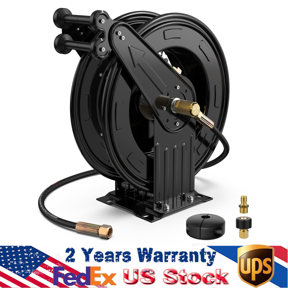 Heavy Duty Steel Dual Arm Auto-Retractable Air Hose Reel, 3/8" x 50 ft 5 ft Lead