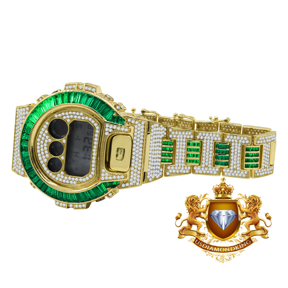Pre-owned Usdiamondking Baguette Green Emerald Gold Finish Casio Shock Authentic Dw-6900 Custom Watch
