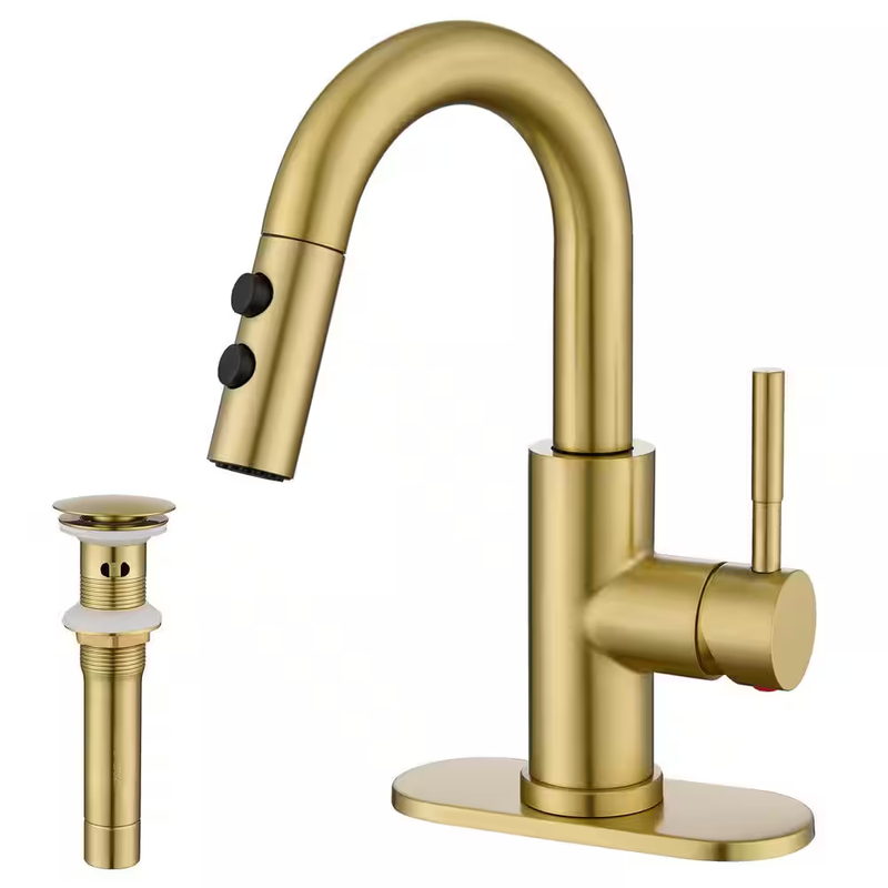 Bathroom Sink Faucet Pull Down Sprayer Single Handle Stainless Pop Up Drain