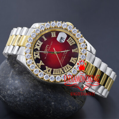 Pre-owned Bling Master 18k 2 Tone Gold Solid Steel Red Dial Simulated Diamond Presidential Mens Watch