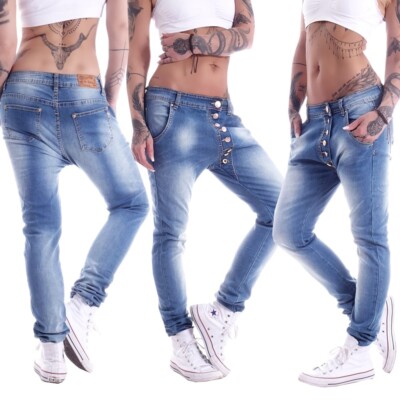 Damen Boyfriend Jeans Chino Baggy Harems Hose Hüftjeans Stretch Girlfriend M3