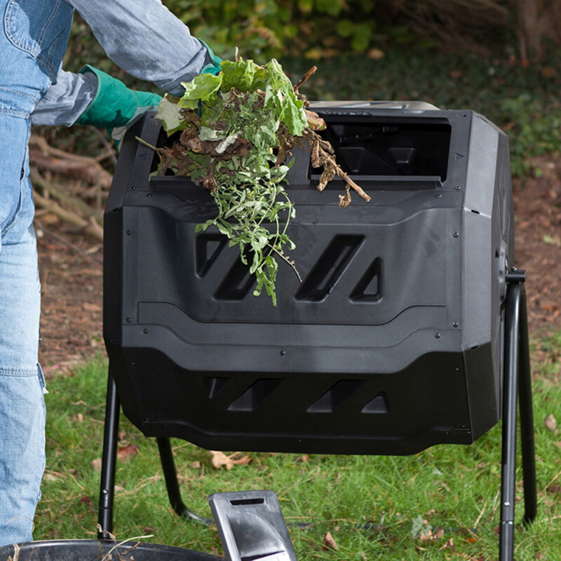 Compost Tumbler Bin Dual Chamber Rotating Outdoor Garden Trash 43 Gallon Black