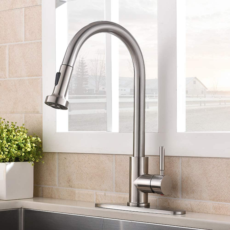 HOTIS Kitchen Faucet with Pull down Sprayer, Brushed Nickel Single Handle High A