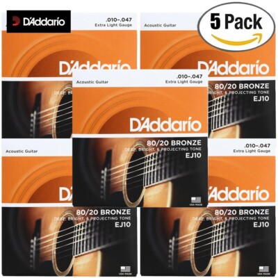 5-PACK D'Addario EJ10 80/20 Bronze Acoustic Guitar Strings Ex-Light 10-47