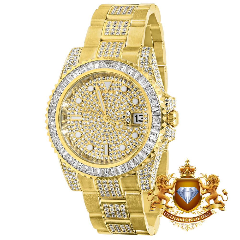 Pre-owned Usdiamondking Baguette Solid Steel 18k Yellow Gold Simulated Diamond Mens Watch 40mm W/date