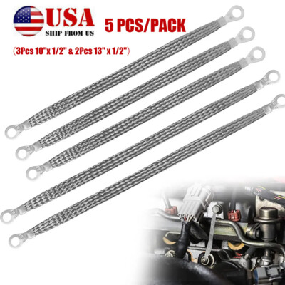 Universal Silver Car WIRE Braided Ground Engine Cable Strap Kit with 5/16'' Ring