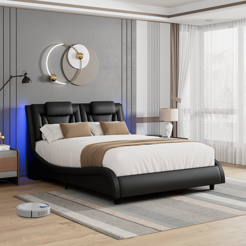 Bed Frame Platform Modern Curved Design Upholstered PU Leather LED Lights Queen