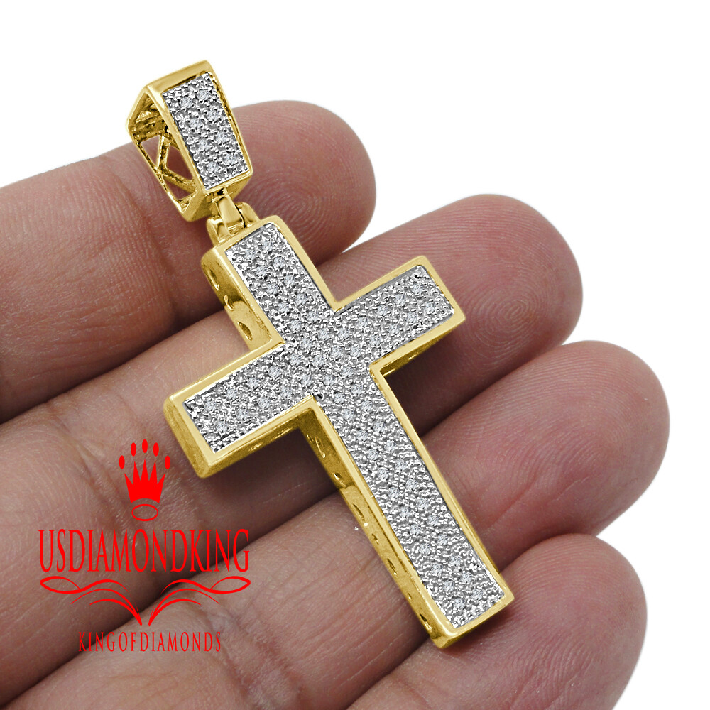 Pre-owned Us Diamond King Genuine Authentic Diamond Cross Designer Pendent Charm 10k Yellow Gold Over 2'' In Gold/clear