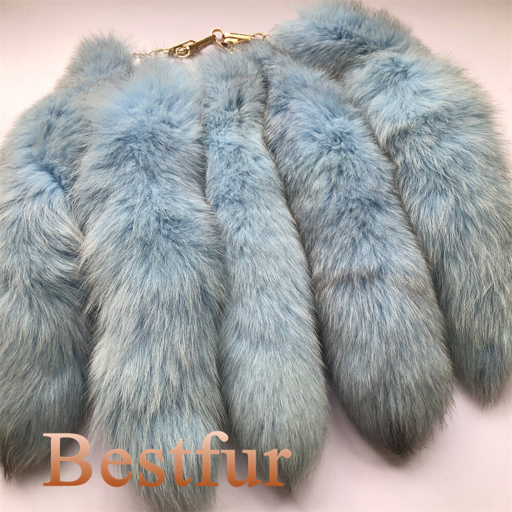 Wholesale 16"-18" Real Fox Fur Tail Dyed Blue Fox Fur Tail Keychain Cosplay Toys