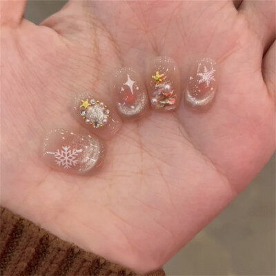 Christmas Snowflakes False Nail Short Square Press on Nails for Nail Art 24pcs