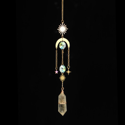 Natural Sun Star Moon Crystal Point Hanging Column Suncatcher Wind Chime Quartz
