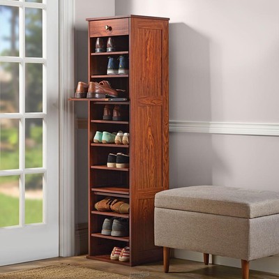 Hammacher Slide Out Shoe Storage Tower Rack Cabinet walnut Stain