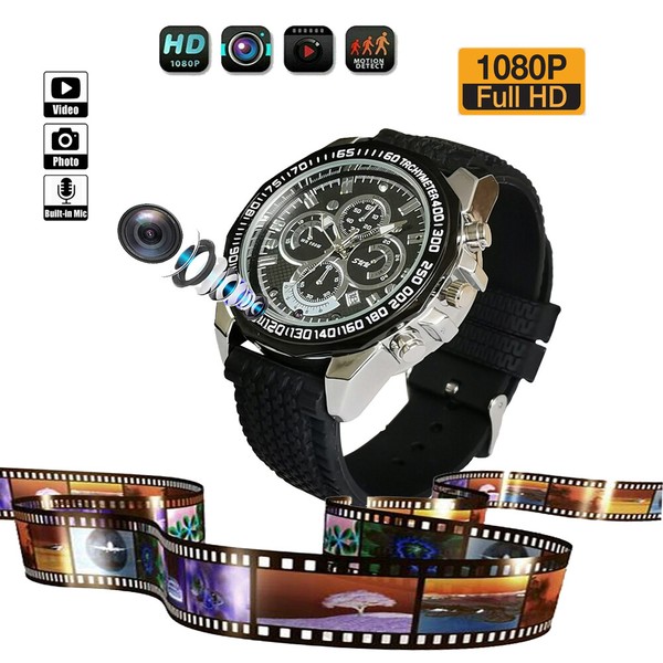 Full HD camera wristwatch with black strap