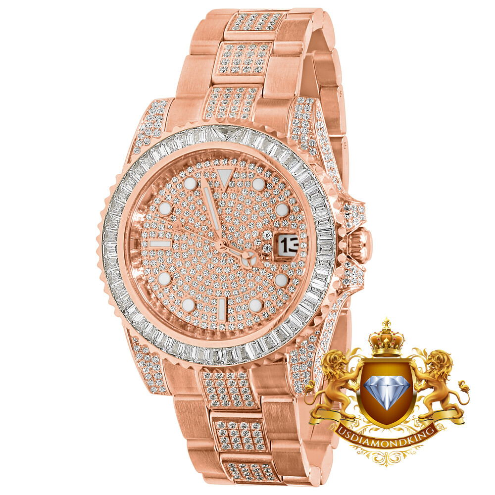 Pre-owned Usdiamondking Baguette Full Solid Steel 18k Rose Gold Simulated Diamond Mens Watch 40mm W/date