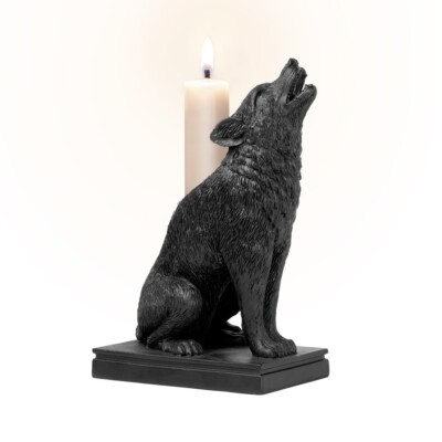 Alchemy Gothic Ulula Noctis Black Howling Wolf Tapered Candle Stick Holder Home