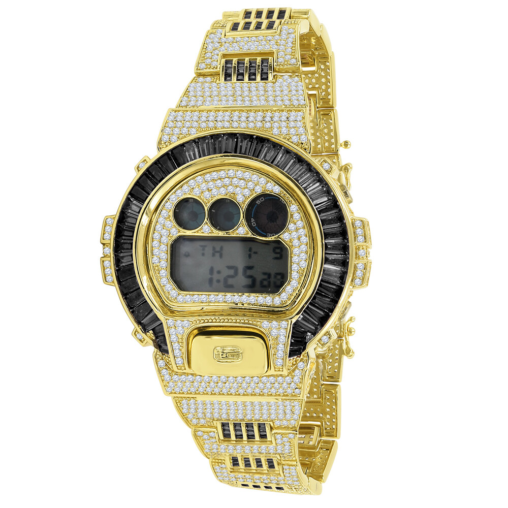 Pre-owned Usdiamondking Baguette Onyx Black 14k Gold Finish Casio Shock Authentic Dw-6900 Custom Watch
