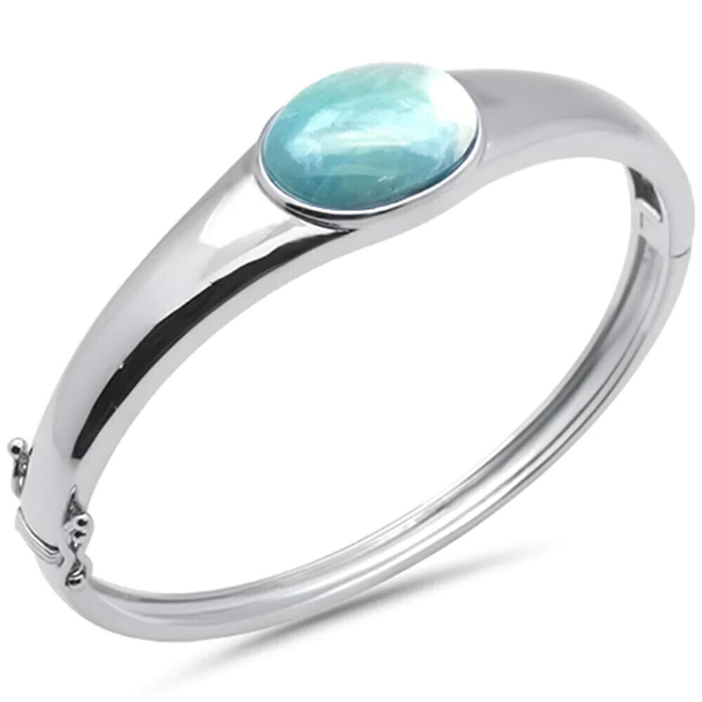 Pre-owned Sterling Oval Natural Larimar .925  Silver Bangle Bracelet In White