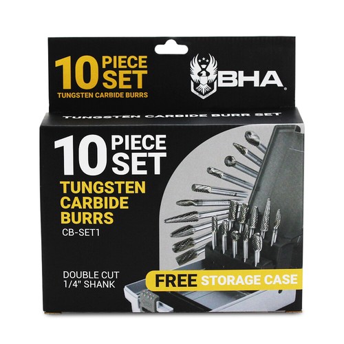 BHA 10 Piece Tungsten Carbide Burr Die Grinder Bits Set, Double Cut – 1/4” Shank