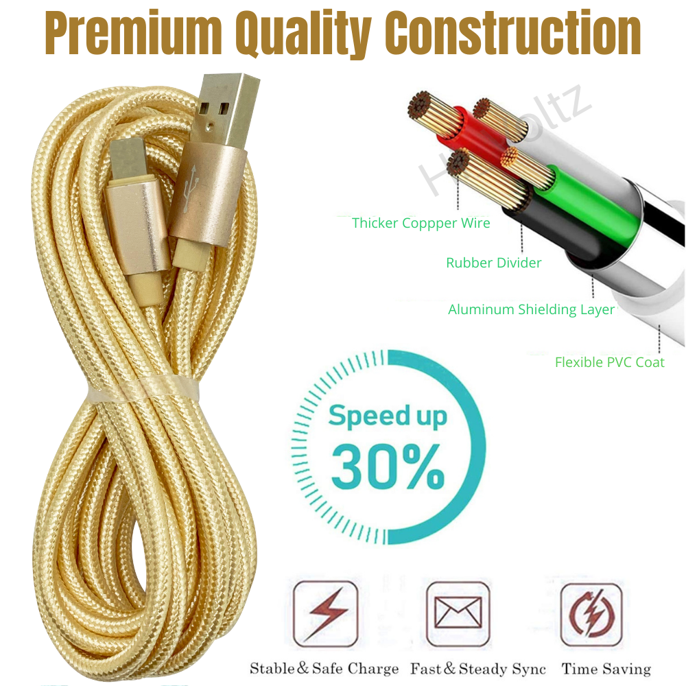 10Ft Long USB Fast Charger Cable For iPhone 14 13 12 11 8 Braided Charging Cord