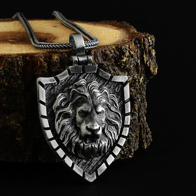 Sterling Silver Lion Head Mens Shield Pendant Necklace with 925