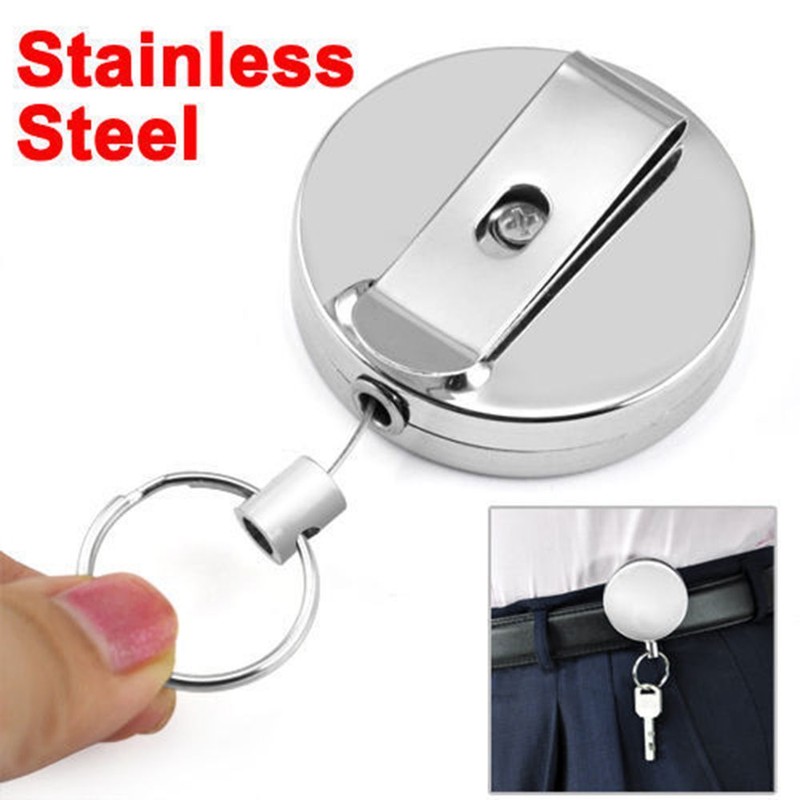 1x Retractable Stainless Steel Card Badge Recoil Ring Belt Clip Key Chain Holder
