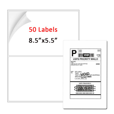 50 Shipping Labels 8.5x5.5 Half Sheet Self Adhesive 2 Per Sheet Rounded Corner