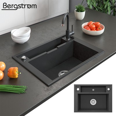 Bergström Granit Spüle Küchenspüle Aufsatzspüle Spülbecken 660 x 480 mm Schwarz