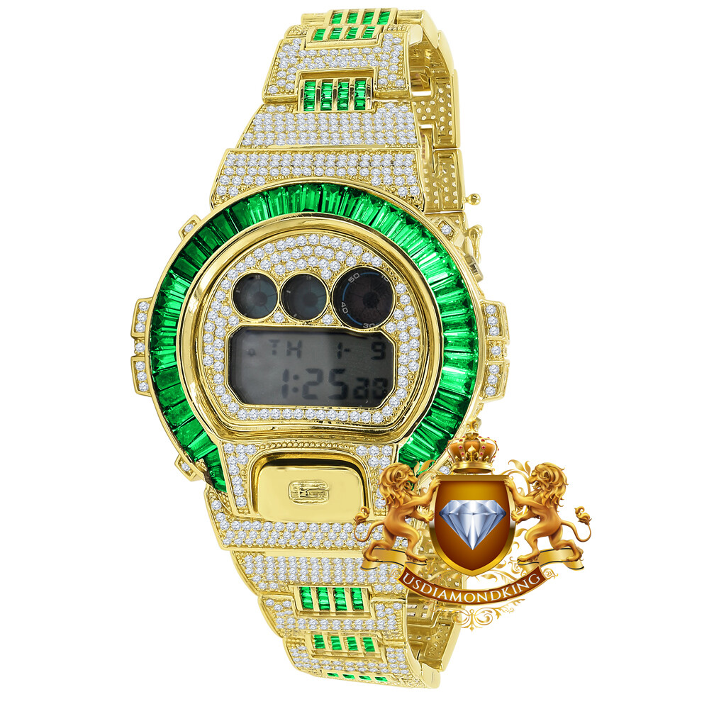 Pre-owned Usdiamondking Baguette Green Emerald Gold Finish Casio Shock Authentic Dw-6900 Custom Watch