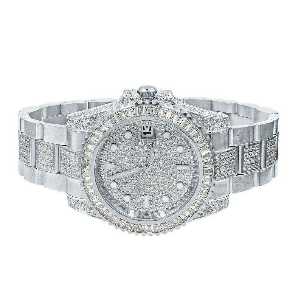 Pre-owned Bling Master 18k Solid Steel White Gold Baguette Simulated Diamonds W/date 40 Mm Men's Watch