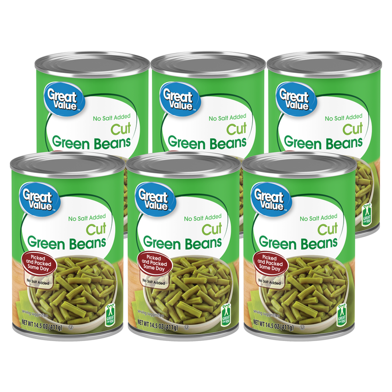 (6 Cans) Great Value Canned No Salt Cut Green Beans 14.5 oz