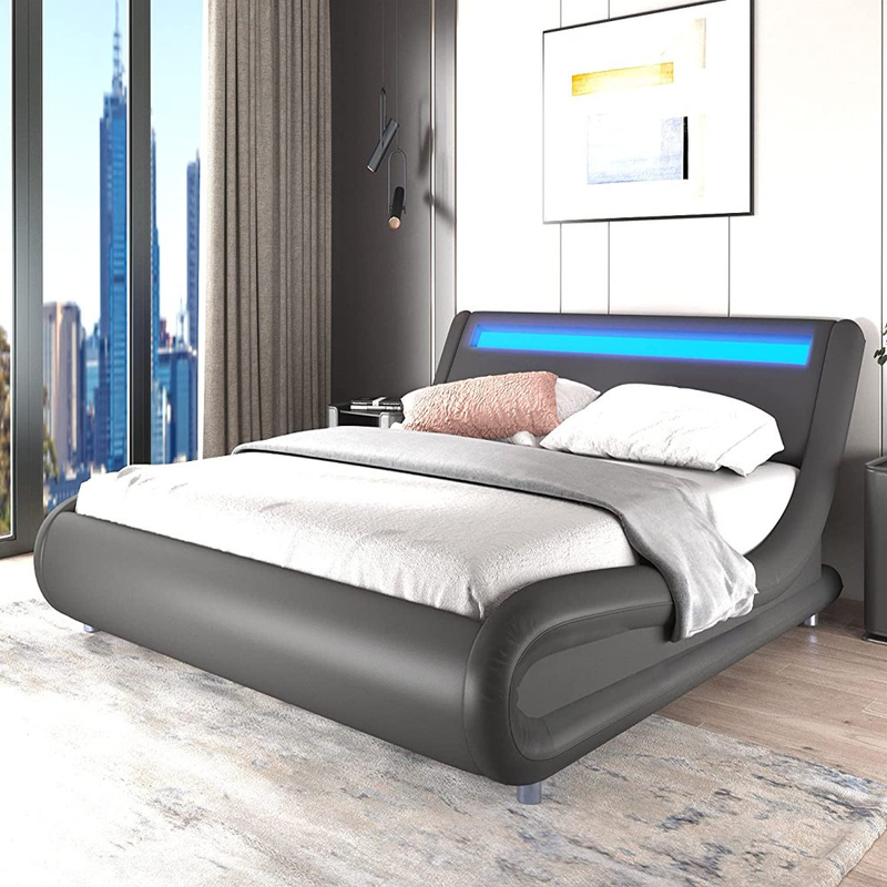 Curve Deluxe Upholstered Modern Platform Bed Frame With LED Light Headboard Full