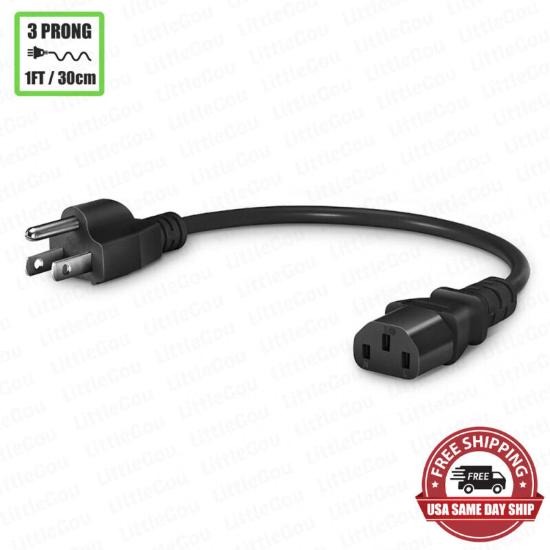 1ft Universal 3 Prong Ac Power Cord Cable 18awg Computer Printer Monitor Tv Pc
