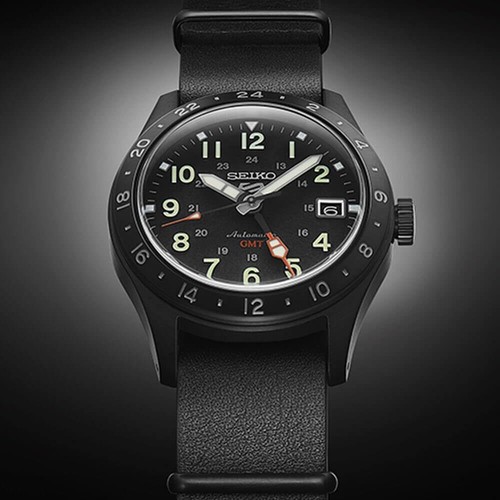 Pre-owned Seiko 5 Sports Automatic Gmt Black Dial Leather Strap Watch Ssk025